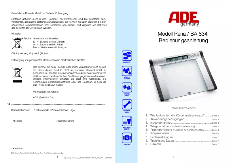 Page 1 de la notice Manuel utilisateur ADE Rena BA 834