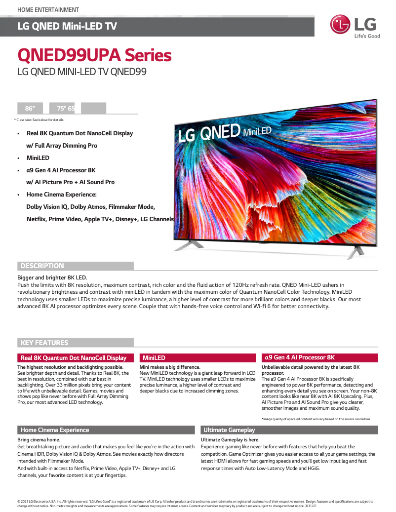 Page 1 de la notice Fiche technique LG 75QNED99UPA