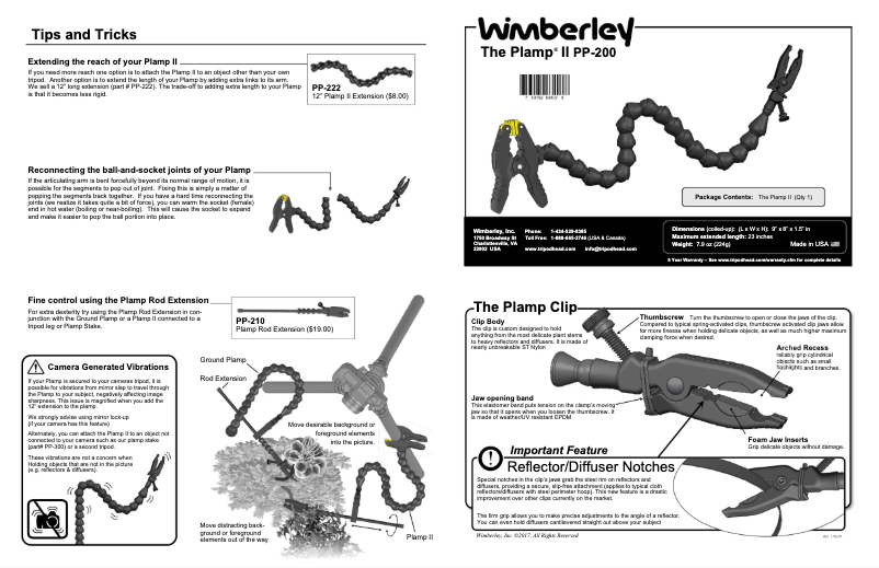 Page 1 de la notice Manuel utilisateur Wimberley The Plamp II PP-200