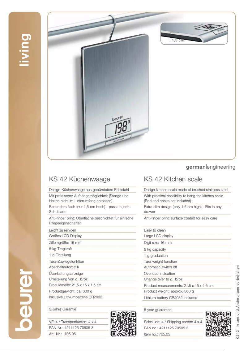 Page 1 de la notice Fiche technique Beurer KS 42