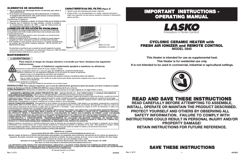 Page n°1 - Manuel utilisateur Lasko Cyclonic Digital 5840