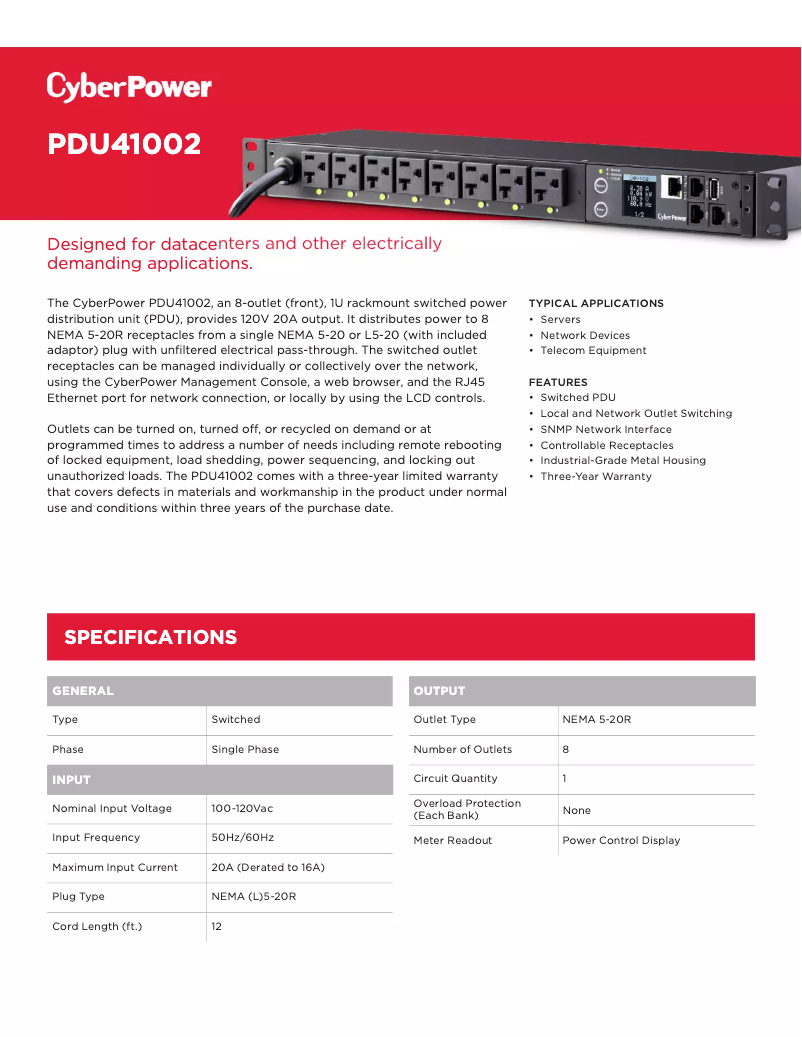 Page 1 de la notice Fiche technique CyberPower PDU41002