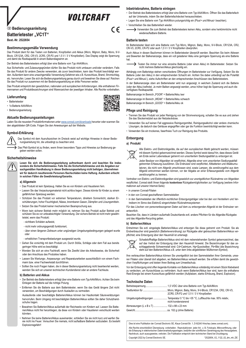 Page 1 de la notice Manuel utilisateur Voltcraft VC1T