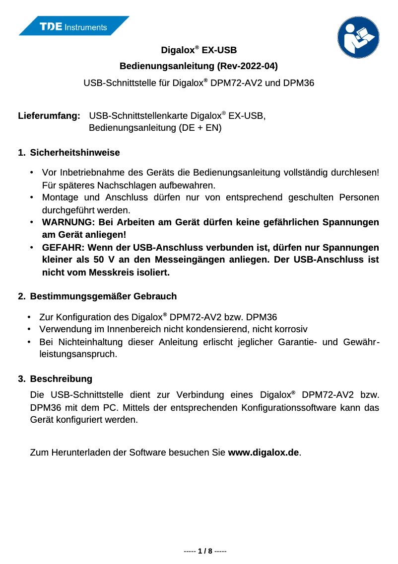 Page 1 de la notice Manuel utilisateur TDE Instruments Digalox EX-USB