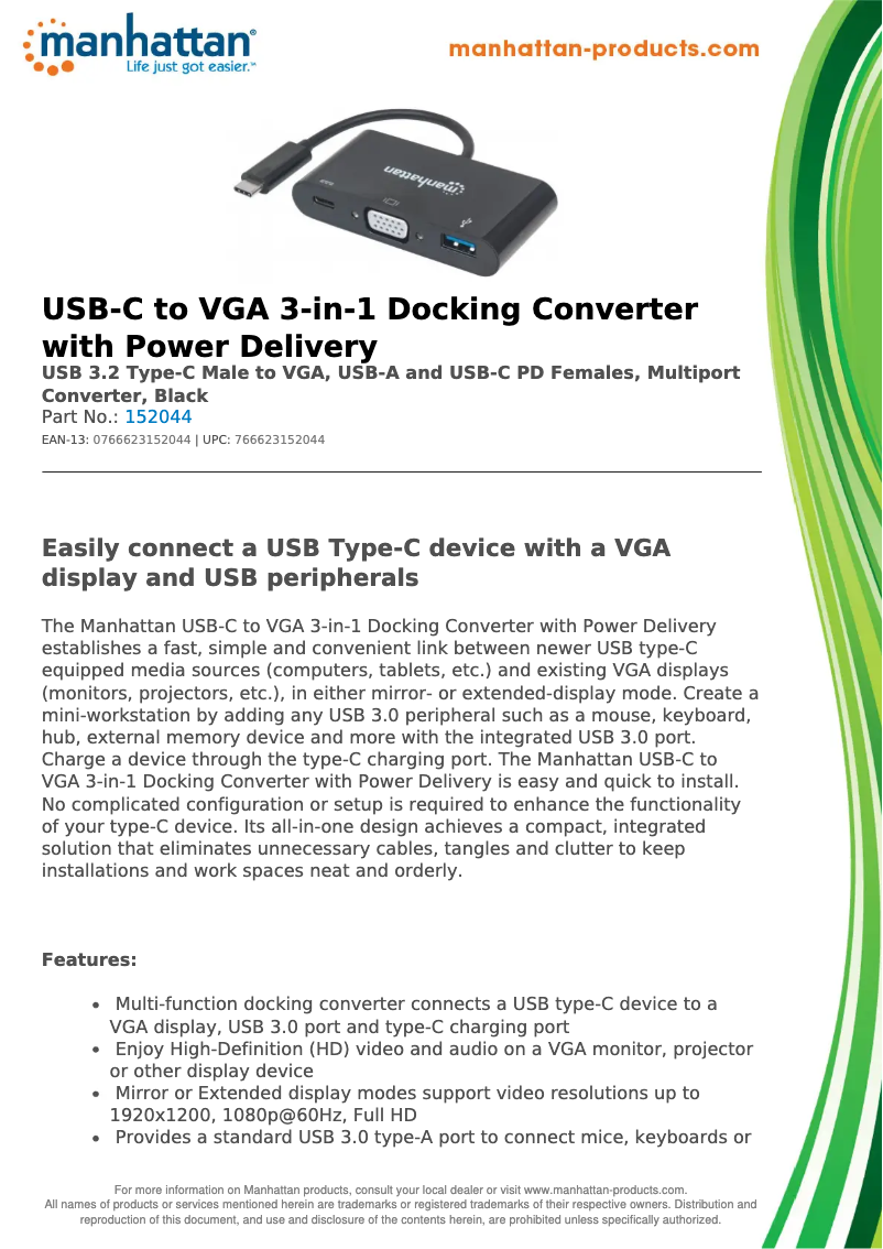 Page 1 de la notice Fiche technique Manhattan 152044