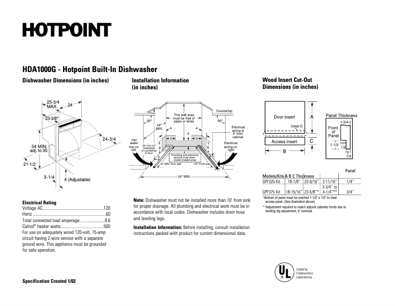 Página 1 del manual Ficha técnica Hotpoint HDA1000GWH