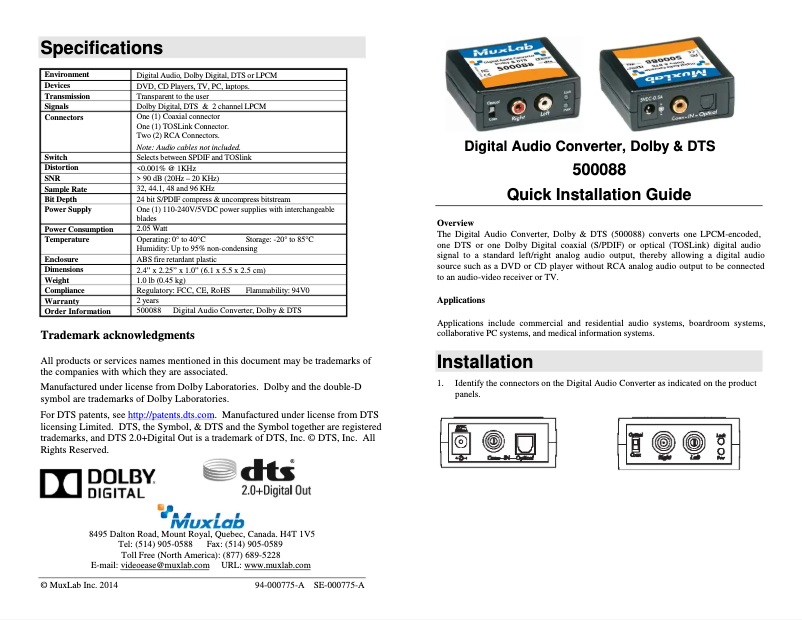 Page 1 de la notice Manuel utilisateur MuxLab 500088
