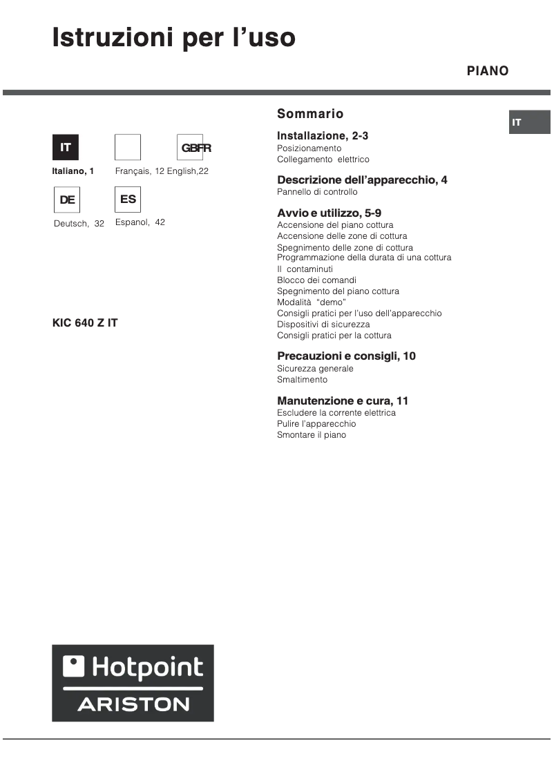 Page n°1 - Manuel utilisateur Hotpoint Ariston KIC 640 Z IT