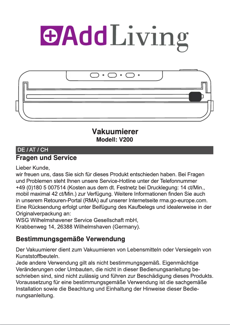 Page n°1 - Manuel utilisateur AddLiving V200