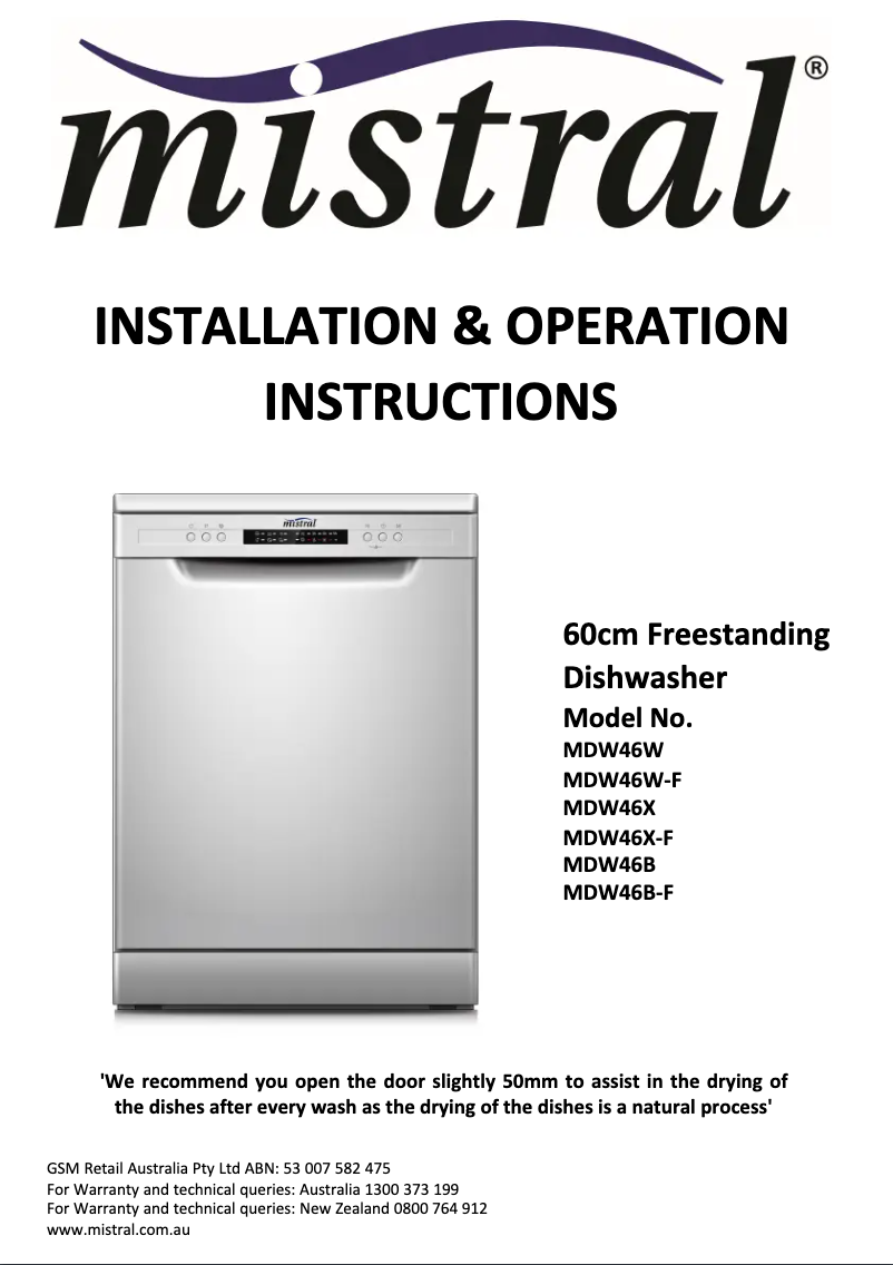 Page 1 de la notice Manuel utilisateur Mistral MDW46X