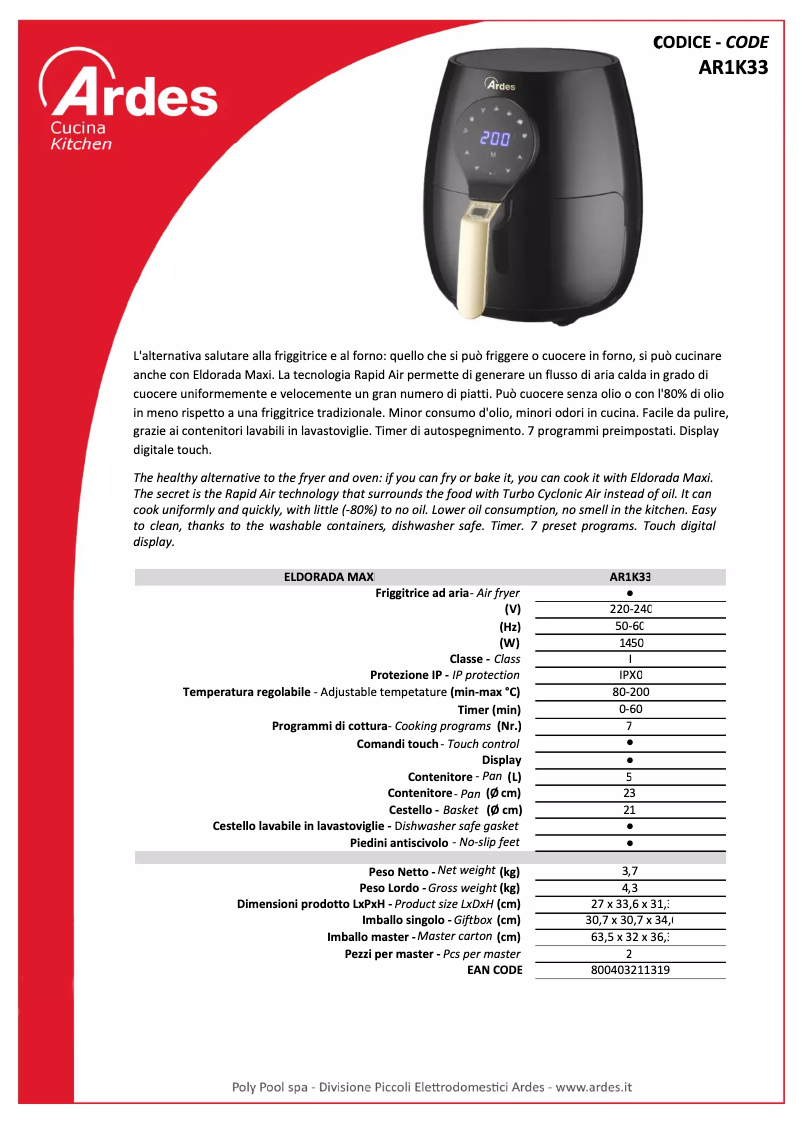 Page 1 de la notice Fiche technique Ardes AR1K33