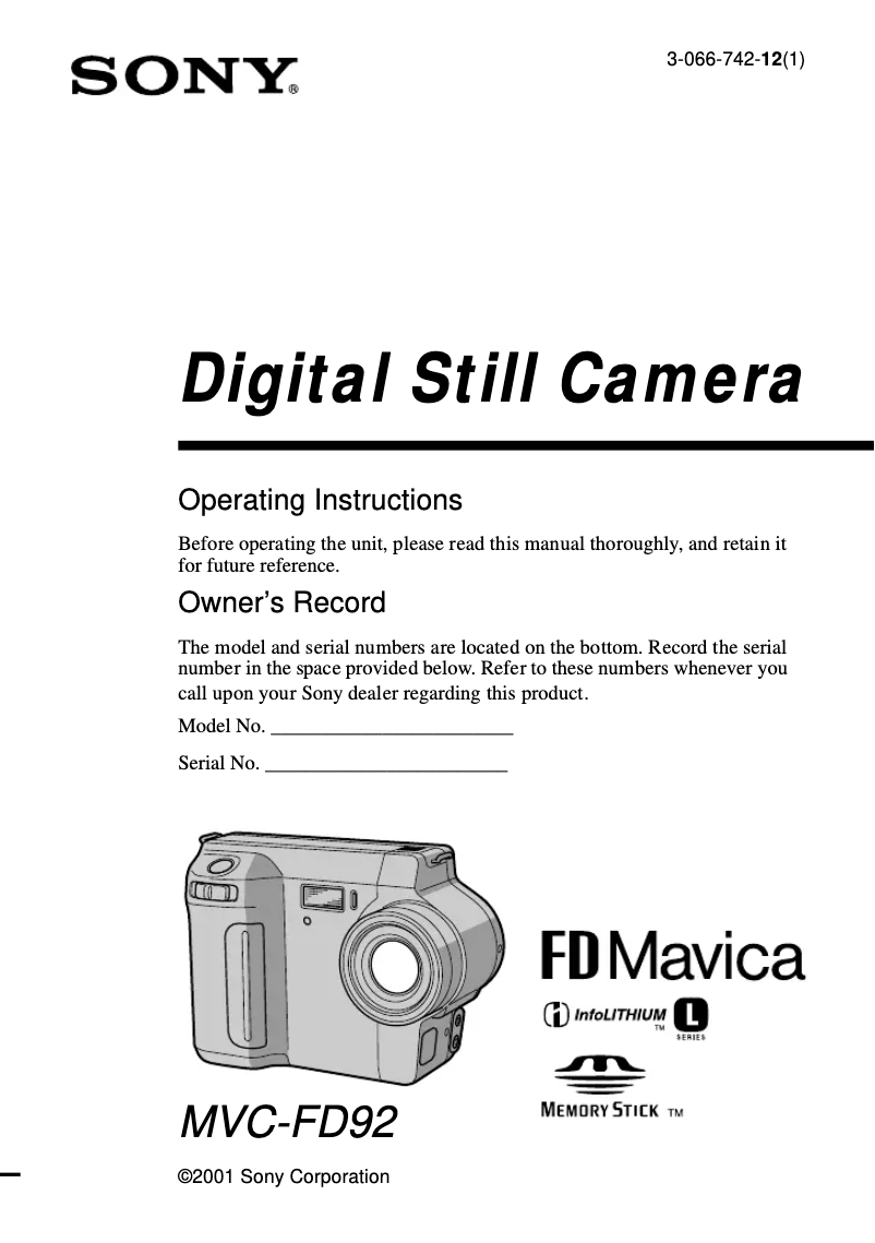 Page 1 de la notice Manuel utilisateur Sony MVC-FD92