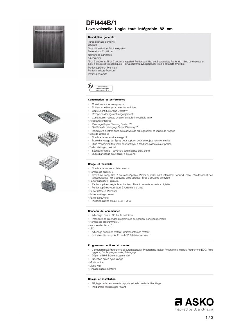 Page 1 de la notice Fiche technique Asko DFI444B/1