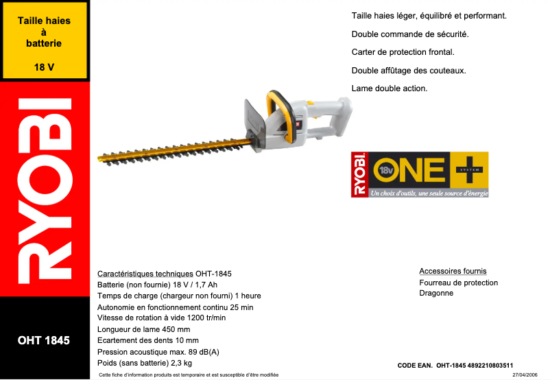 Page 1 de la notice Fiche technique RYOBI One+ OHT1845