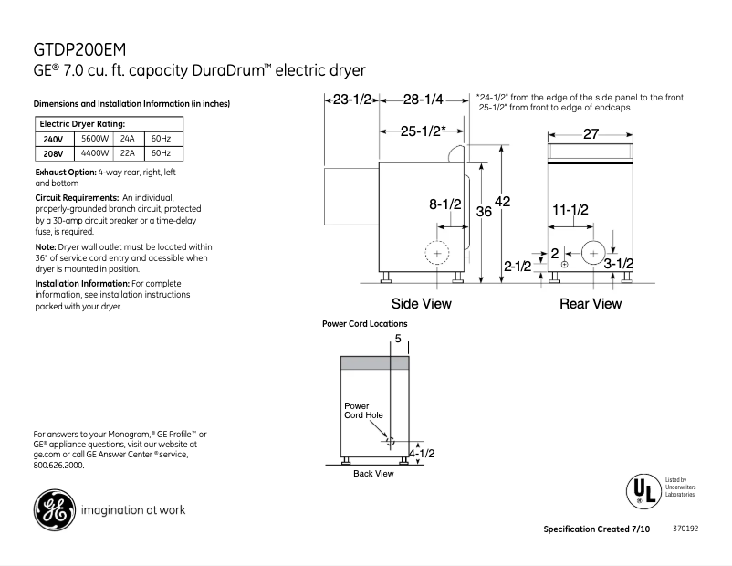 Page n°1 - Fiche technique GE GTDP200EMWW