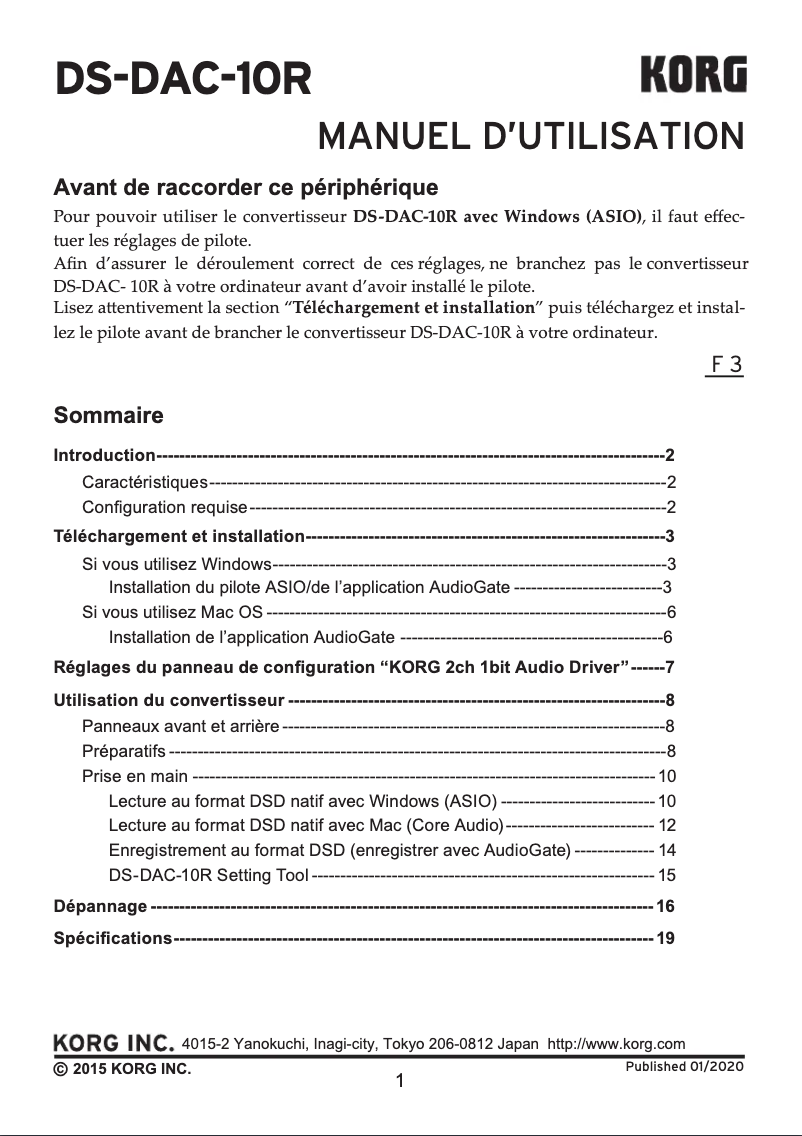 Page n°1 - Manuel utilisateur Korg DS-DAC-10R
