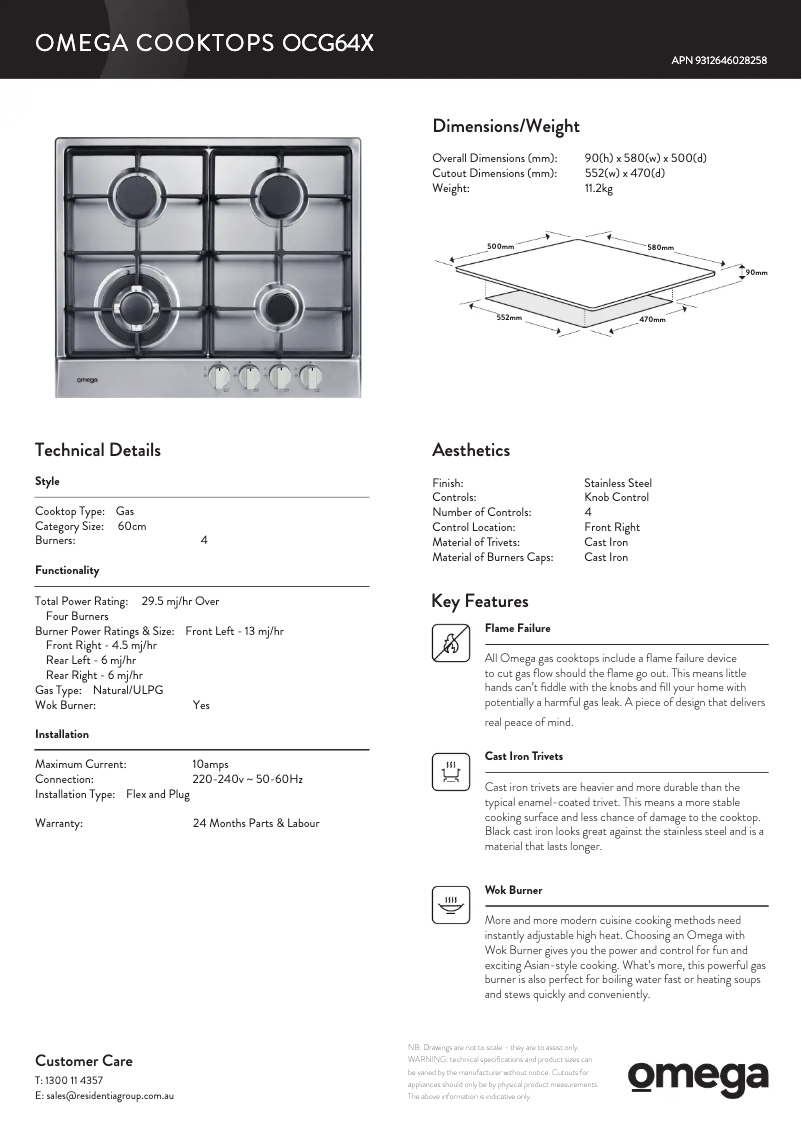 Page 1 de la notice Fiche technique Omega OCG64X
