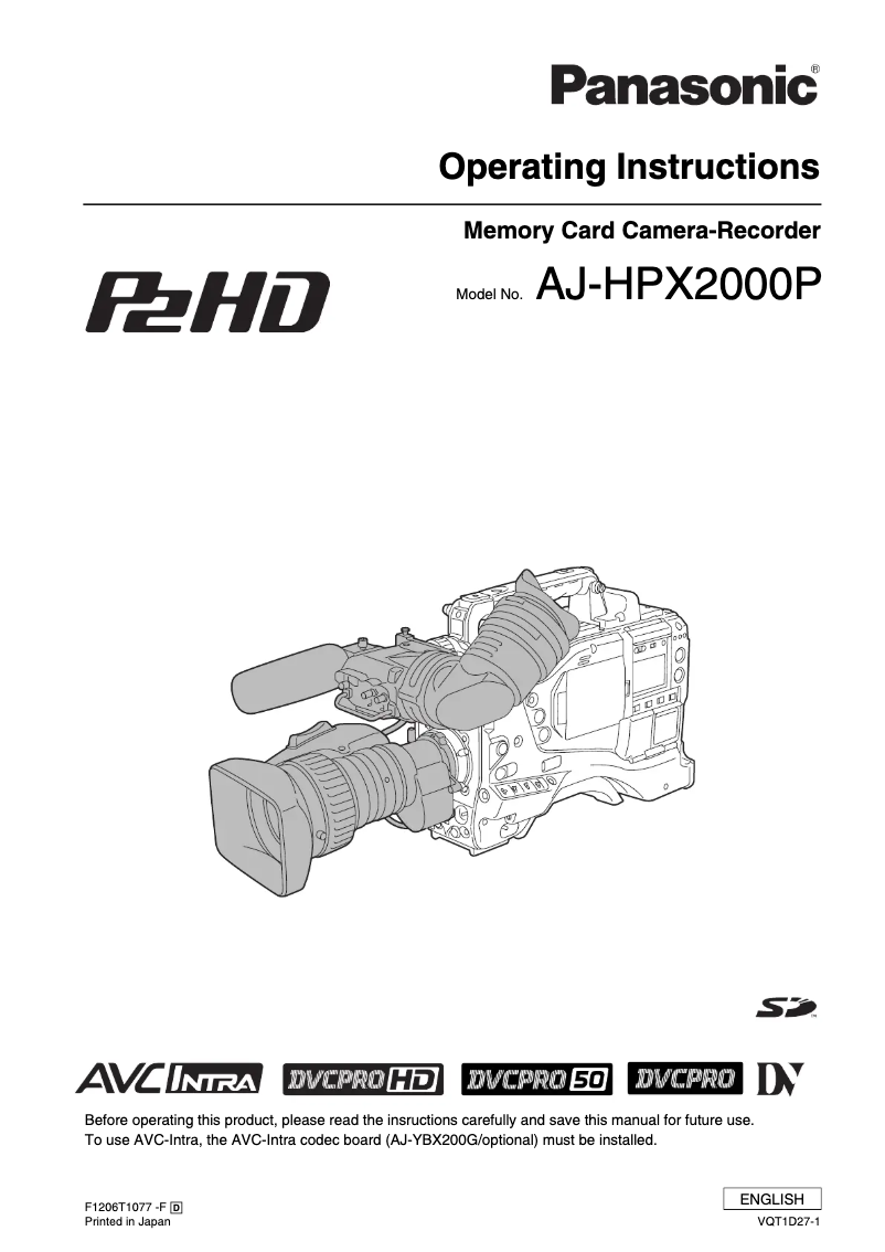 Page 1 de la notice Manuel utilisateur Panasonic AJ-HPX2000P