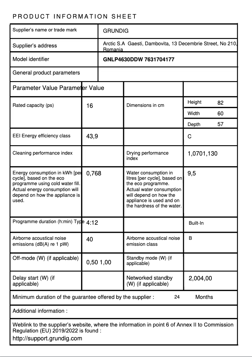 Page 1 de la notice Fiche technique Grundig GNLP 4630 DDW