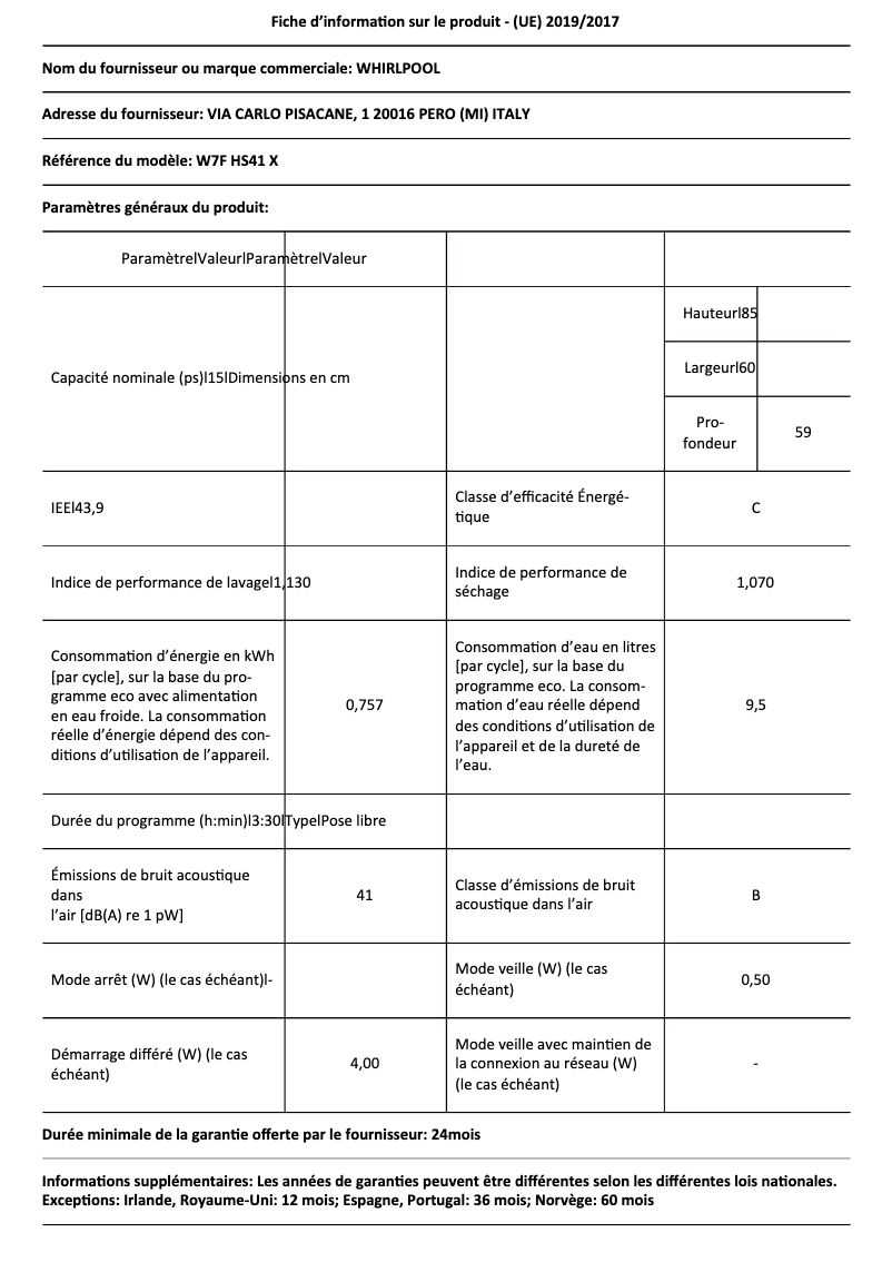 Page 1 de la notice Fiche technique Whirlpool W7F HS41 X