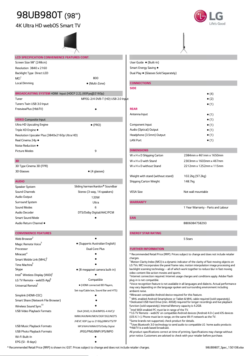 Page n°1 - Fiche technique LG 98UB980T