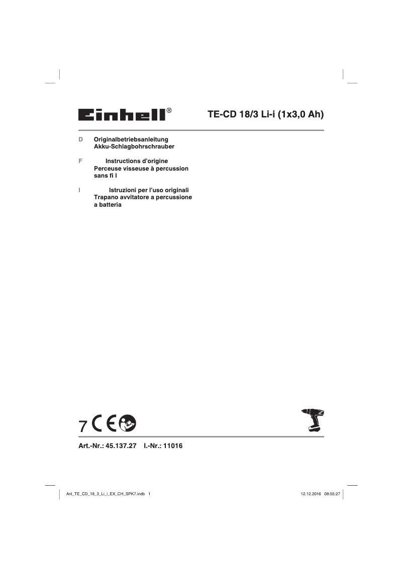 Page n°1 - Manuel utilisateur Einhell TE-CD 18/3 Li-i