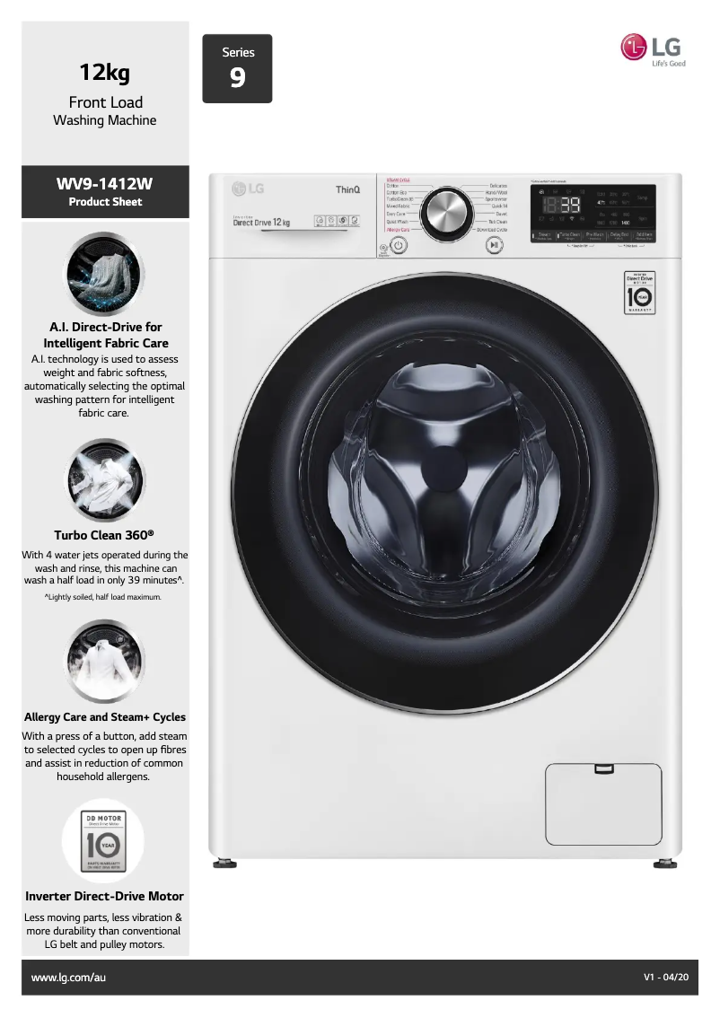 Page 1 de la notice Fiche technique LG WV9-1412W