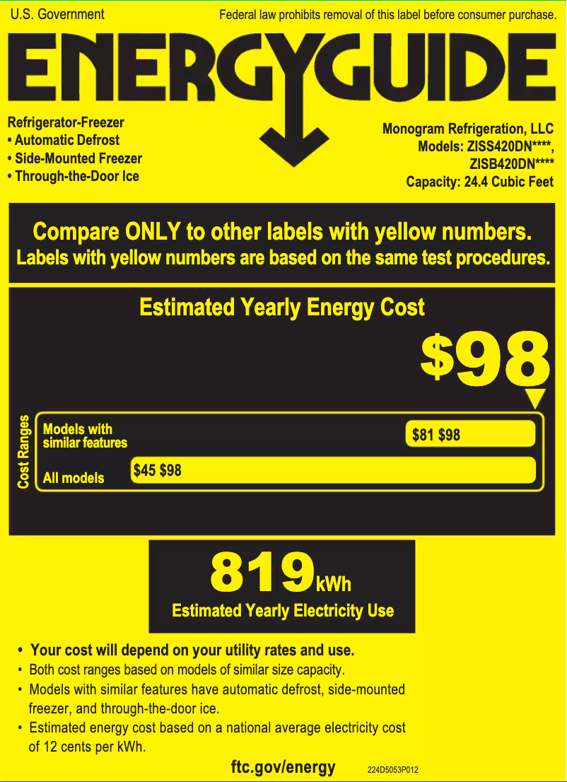Page 1 de la notice Label énergétique Monogram ZISS420DNSS