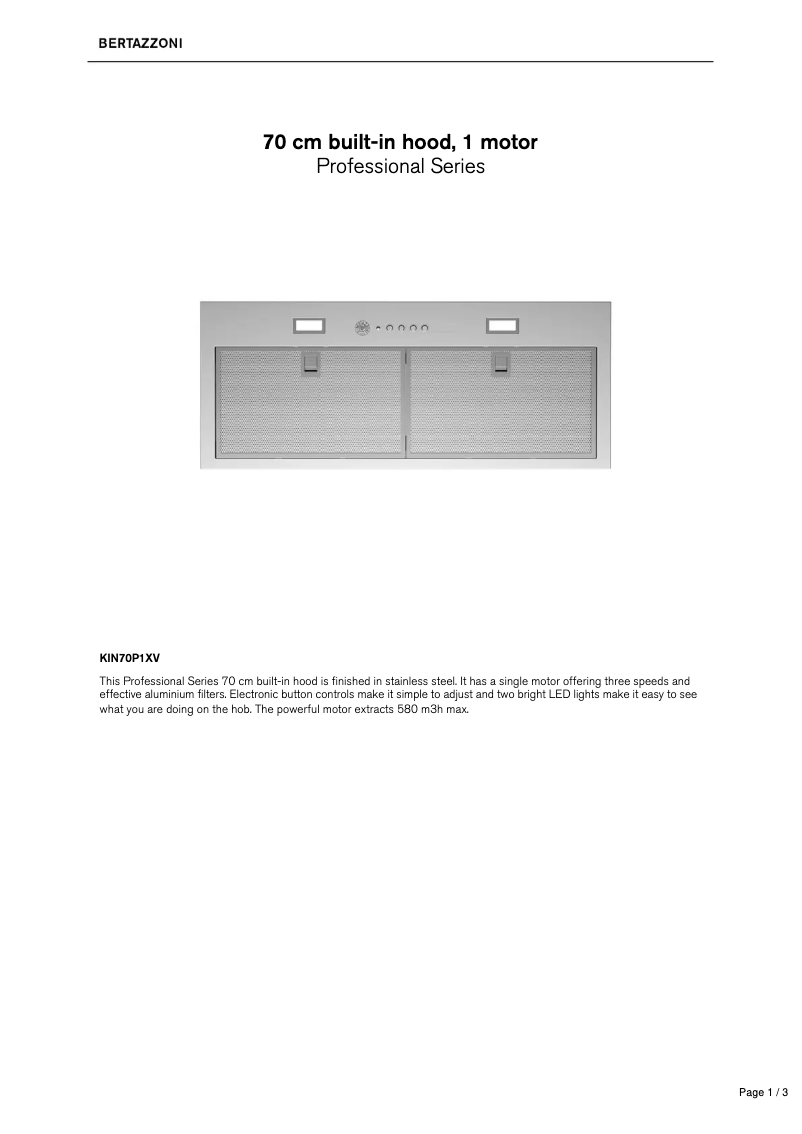 Page 1 de la notice Fiche technique Bertazzoni KIN70P1XV