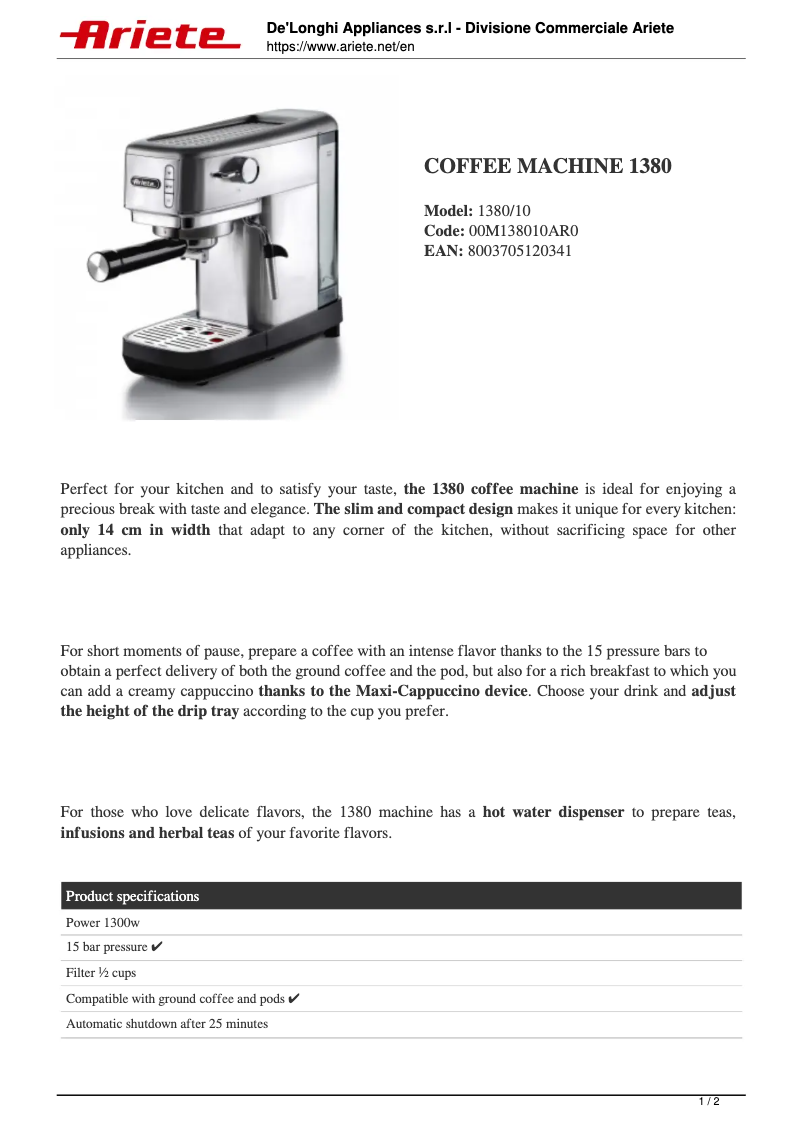 Page 1 de la notice Fiche technique Ariete 1380