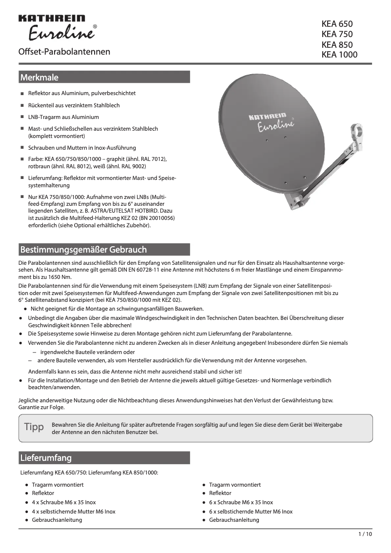 Image de la première page du manuel de l'appareil Euroline KEA 1000