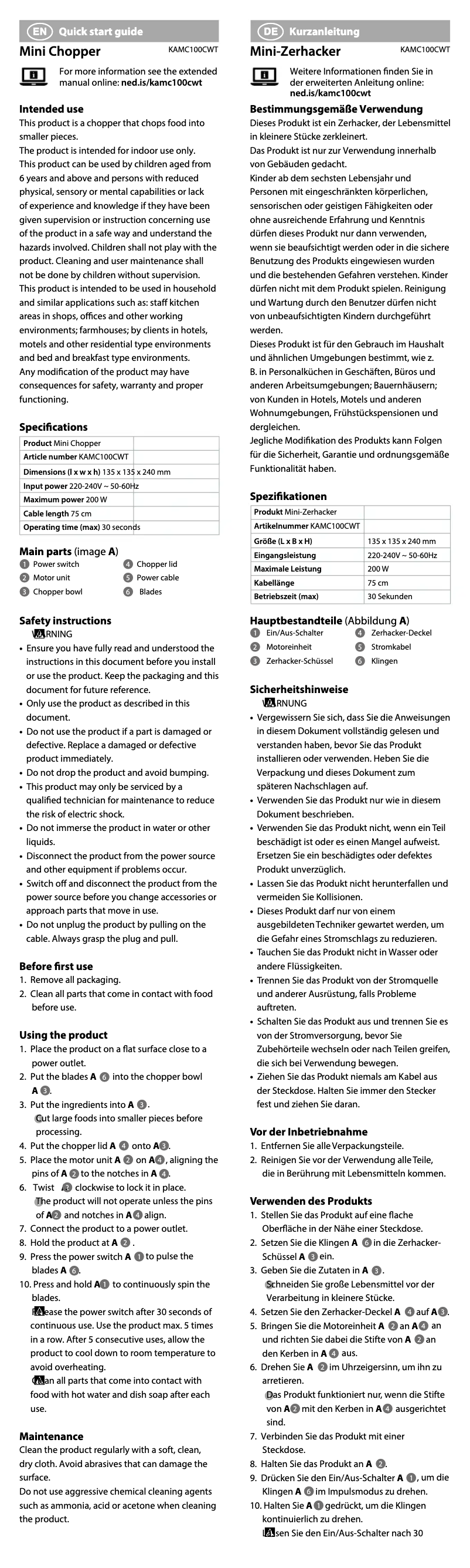 Image de la première page du manuel de l'appareil KAMC100CWT