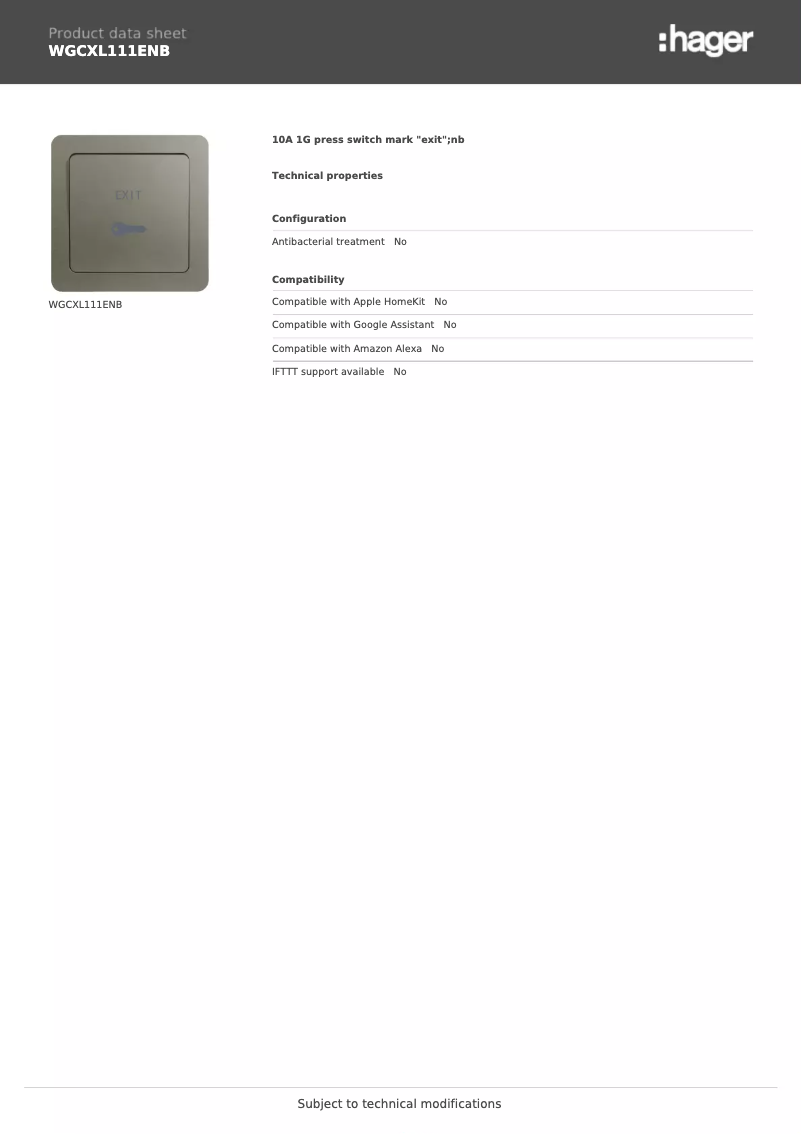 Page n°1 - Fiche technique Hager WGCXL111ENB