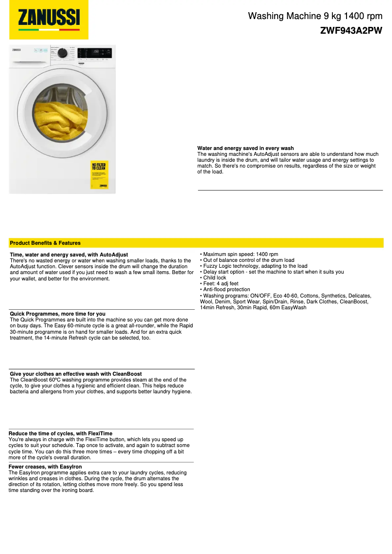 Page 1 de la notice Fiche technique Zanussi ZWF943A2PW