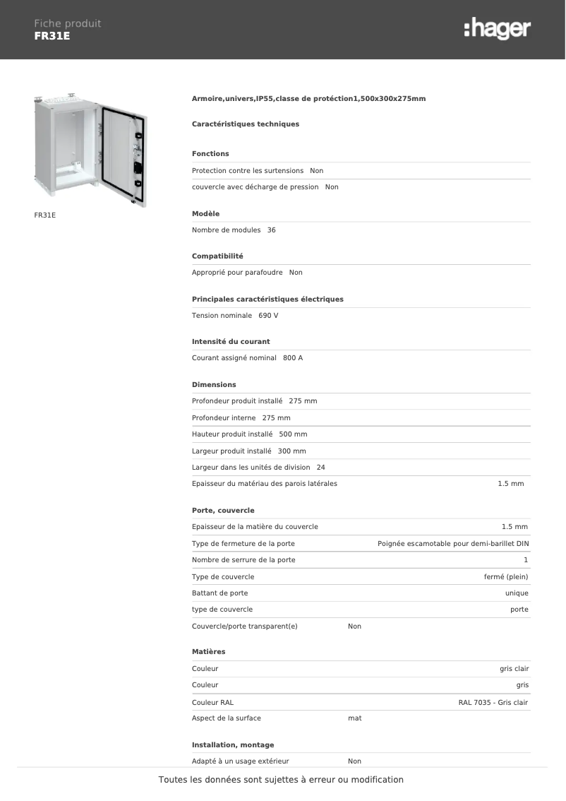 Page n°1 - Fiche technique Hager FR31E