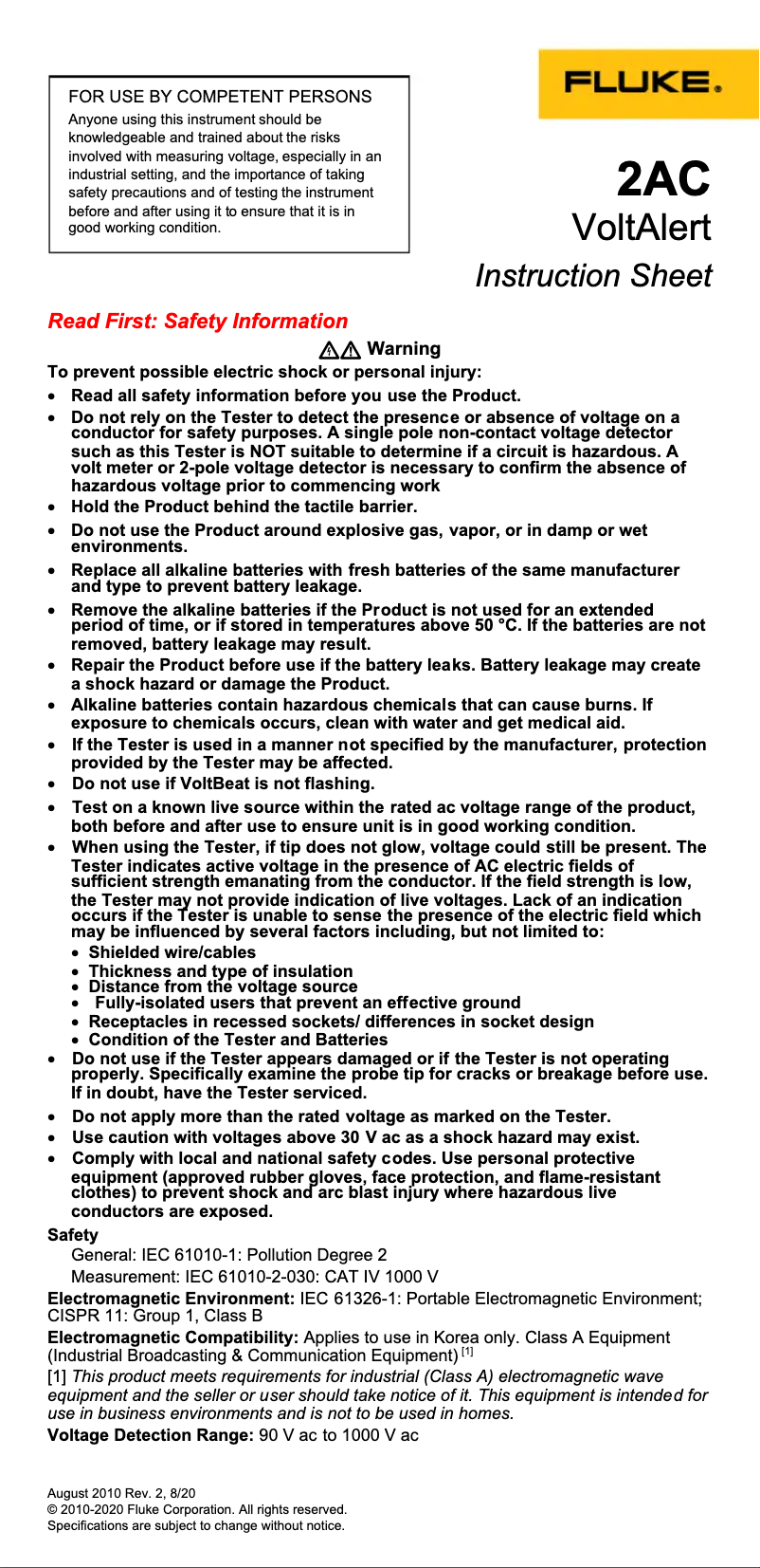 Página 1 del manual Instrucciones / montaje Fluke 2AC