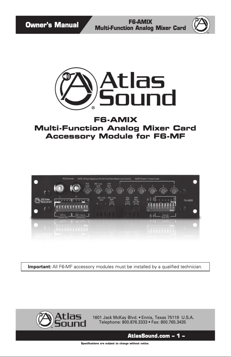 Page n°1 - Manuel utilisateur Atlas Sound F6-AMIX