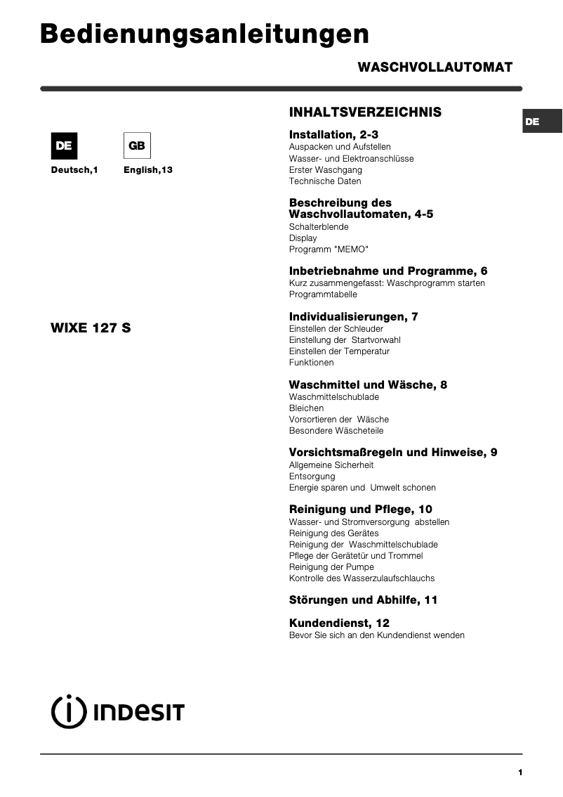 Page n°1 - Manuel utilisateur Indesit WIXE 127 S (DE)