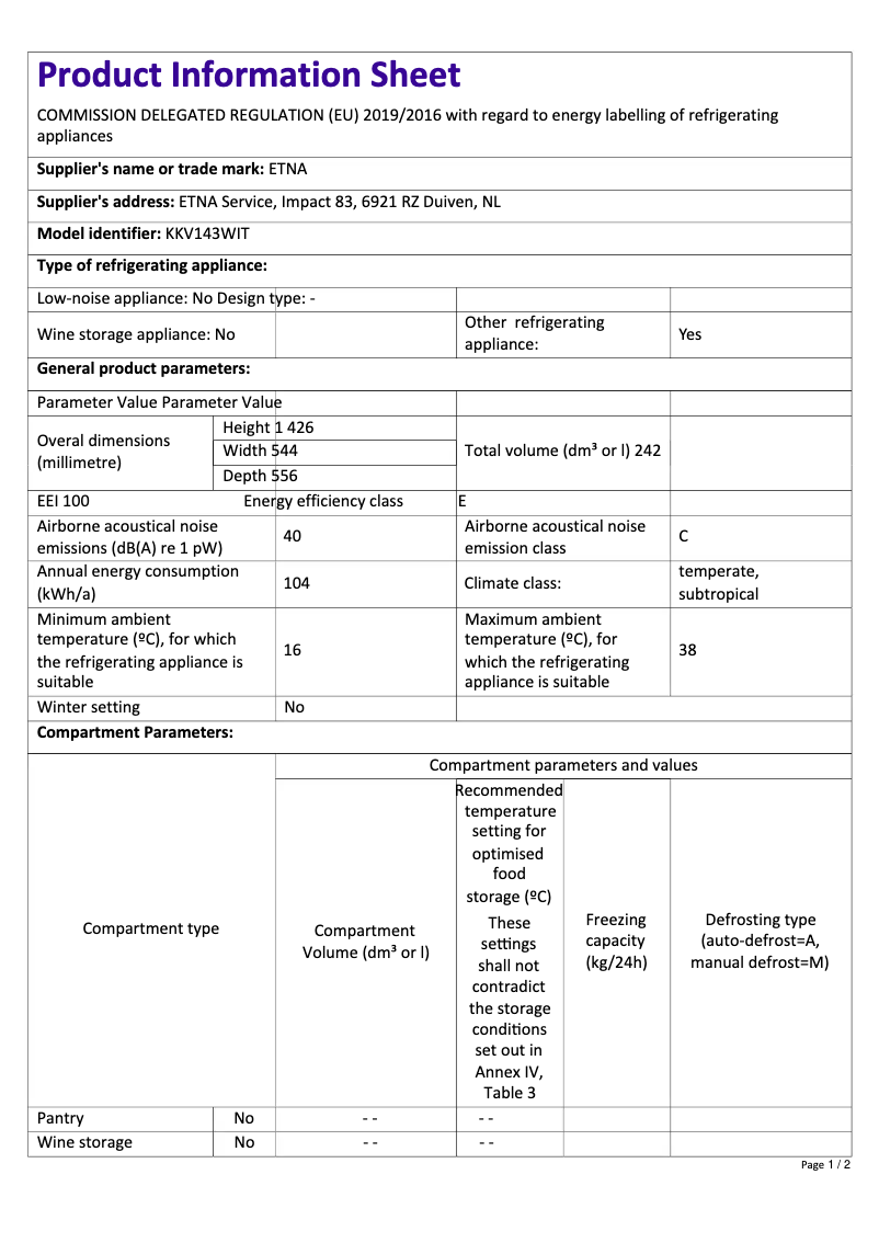 Page 1 de la notice Fiche technique Etna KKV143WIT