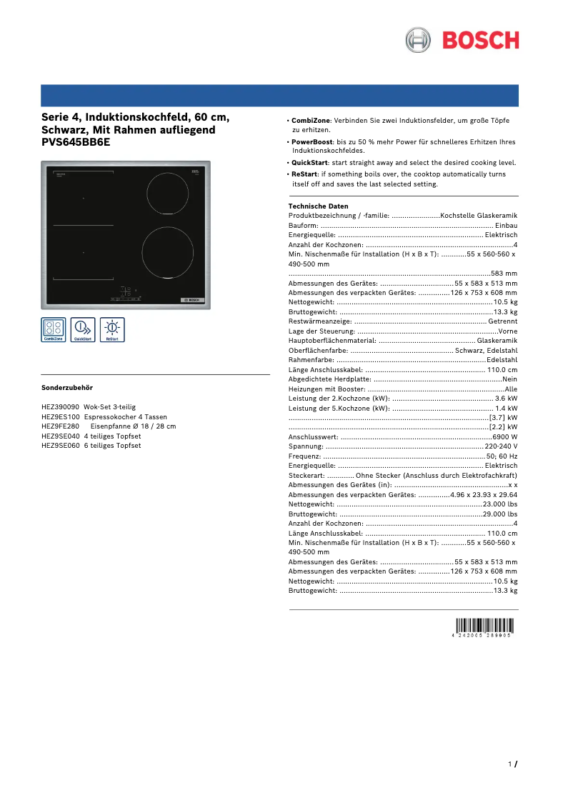 Página 1 del manual Ficha técnica Bosch PVS645BB6E