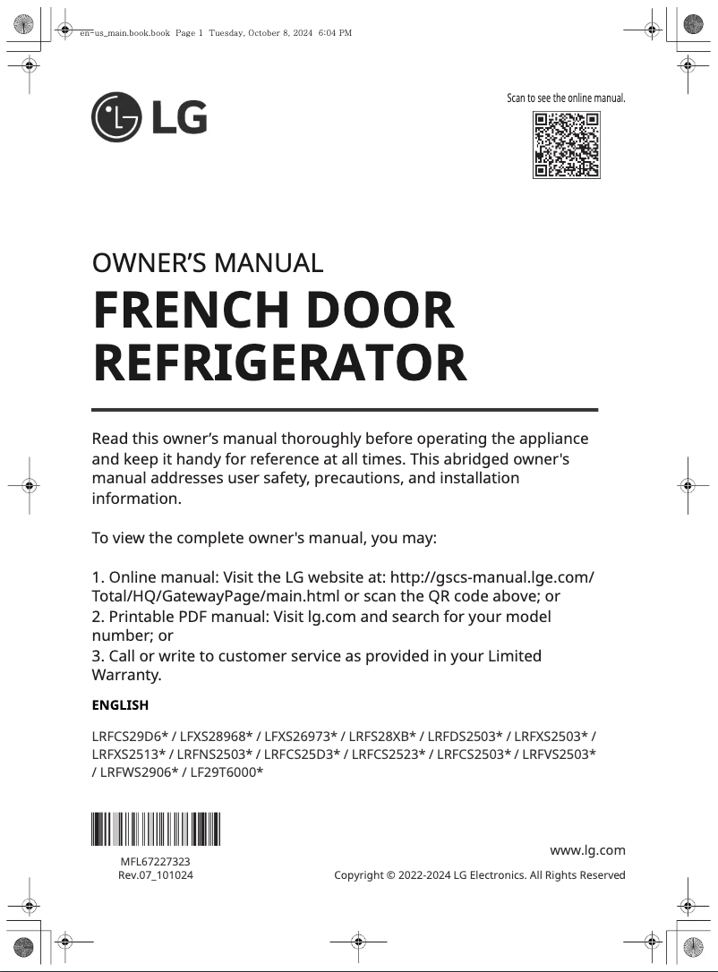 Page 1 de la notice Manuel utilisateur LG LRFWS2906S