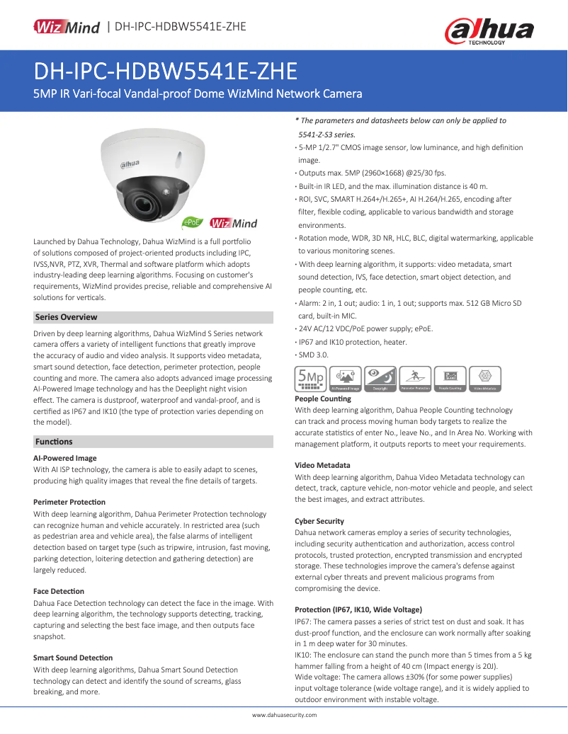 Page n°1 - Fiche technique Dahua Technology IPC-HDBW5541E-ZHE