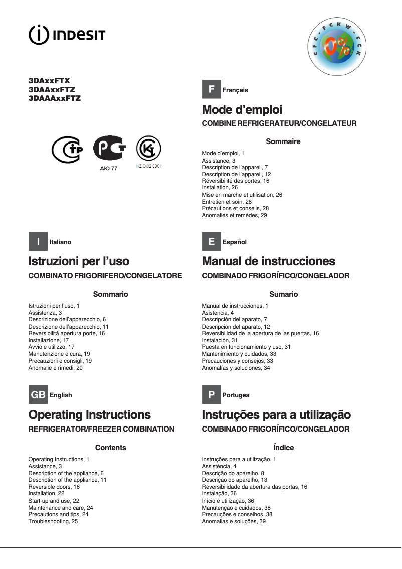 Page n°1 - Manuel utilisateur Indesit 3DAAAXXFTZ