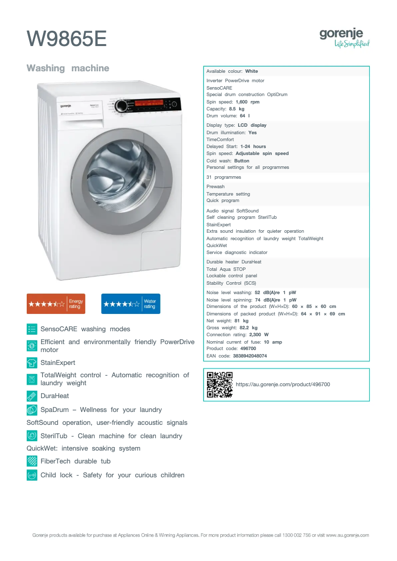 Página 1 del manual Ficha técnica Gorenje W9865E