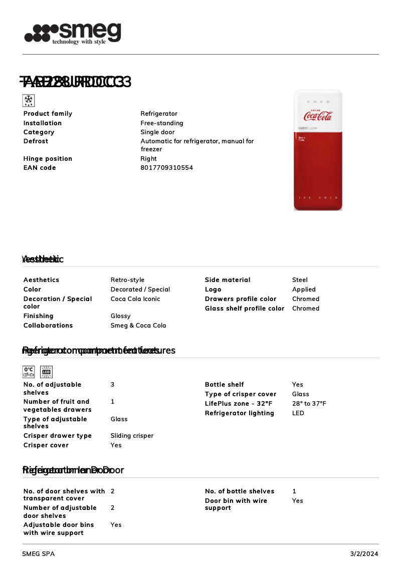 Page 1 de la notice Fiche technique Smeg FAB28URDCC3