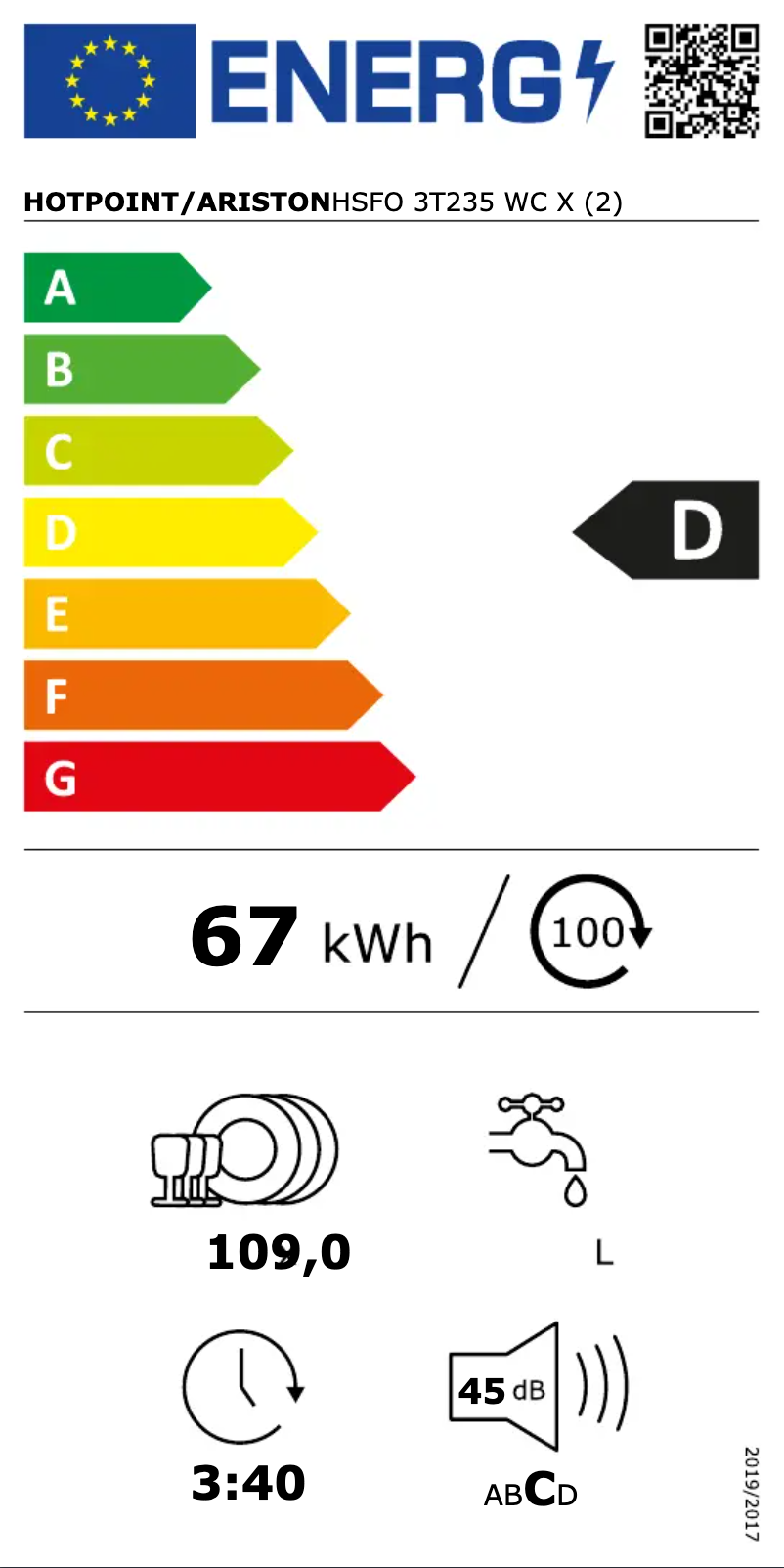 Page 1 de la notice Label énergétique Hotpoint HSFO 3T235 WC X