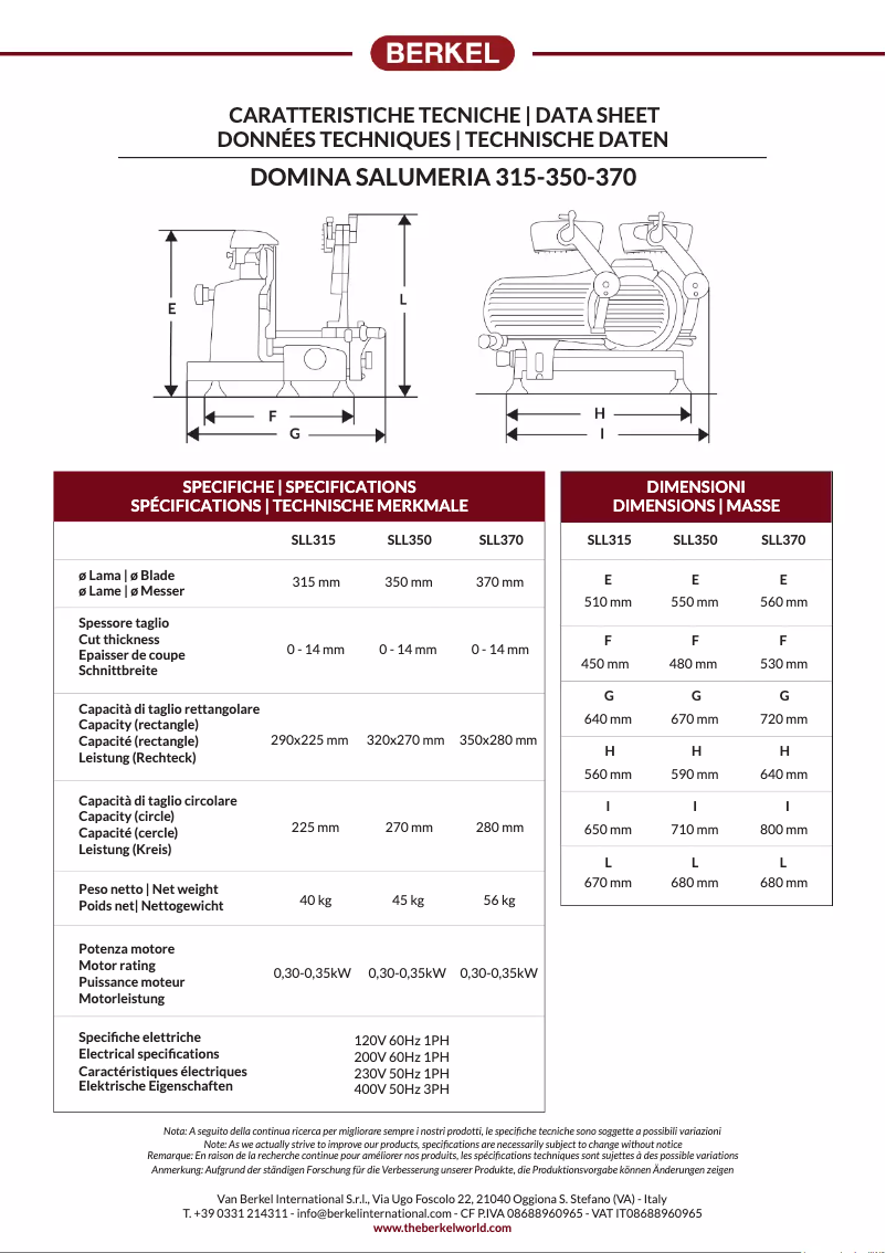 Page 1 de la notice Fiche technique Berkel Domina Salumeria SLL370