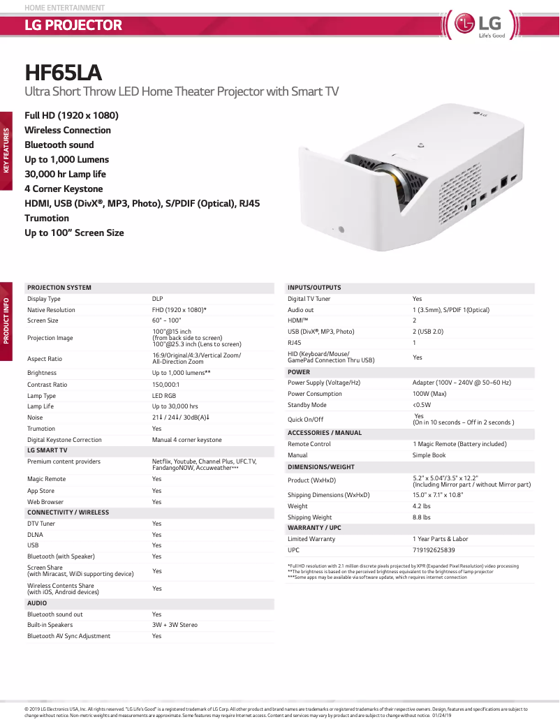 Page 1 de la notice Fiche technique LG HF65LA