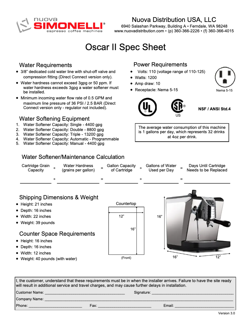 Page n°1 - Fiche technique Nuova Simonelli Oscar II