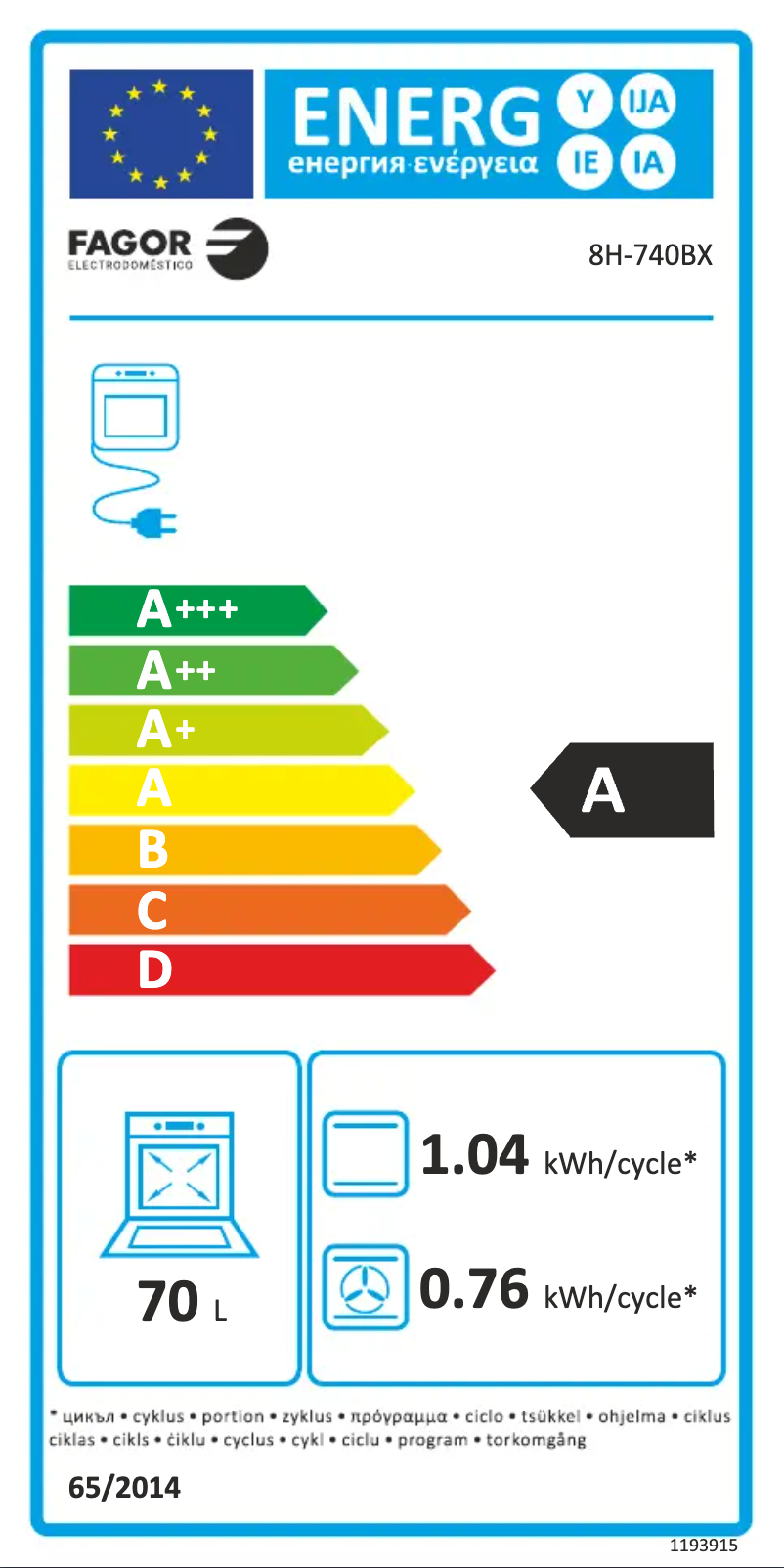 Page 1 de la notice Label énergétique Fagor 8H-740BX
